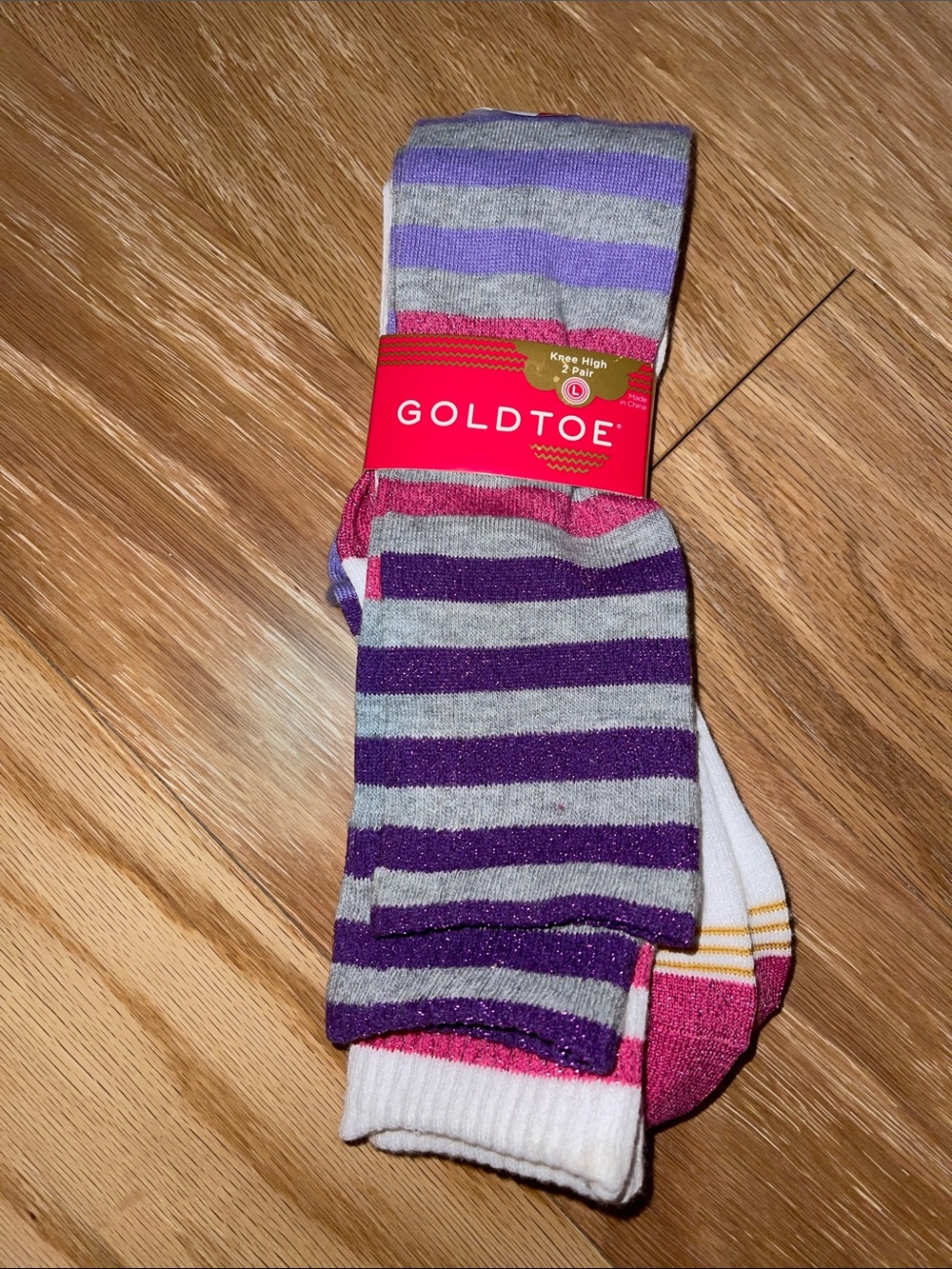 🆕 2 Pair - Gold Toe - Striped Purple/Gray & Pink Casual Knee-High Socks